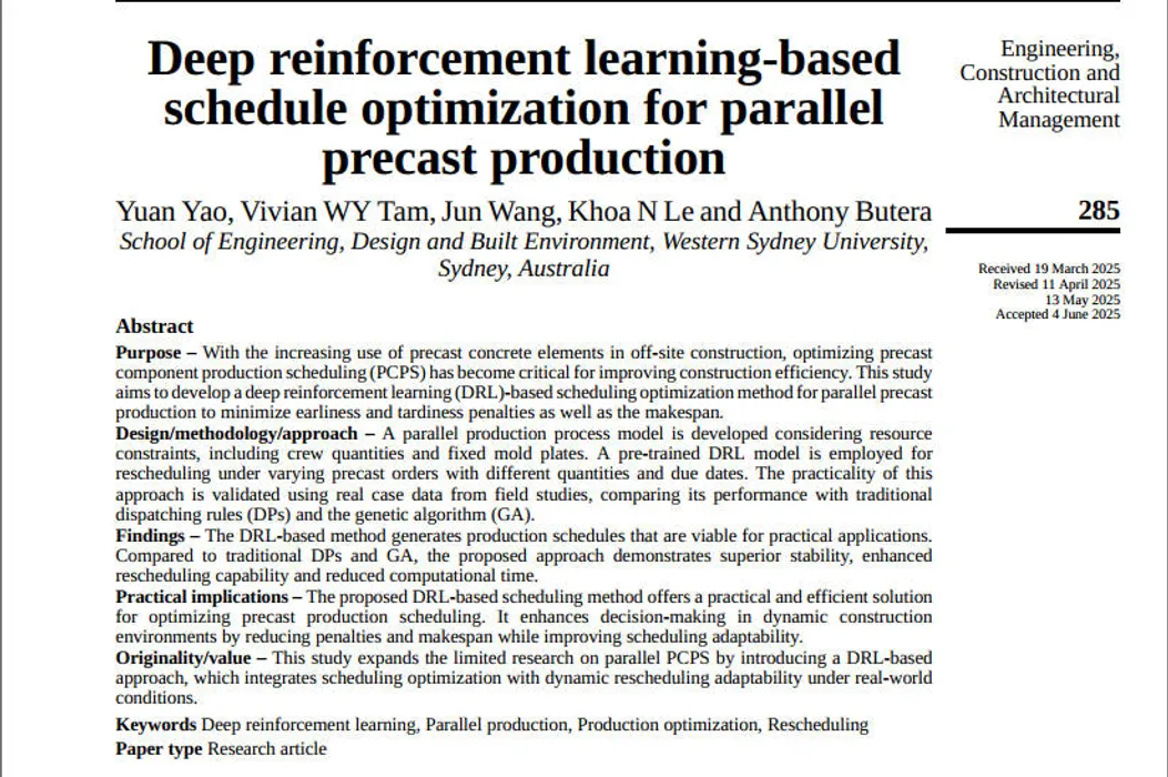 cover for Deep reinforcement learning-based schedule optimization for parallel precast production